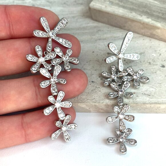 NEW ~ Anthropologie Shashi Delicate Pave Crystal Cascading Flower Earrings - Picture 2 of 11